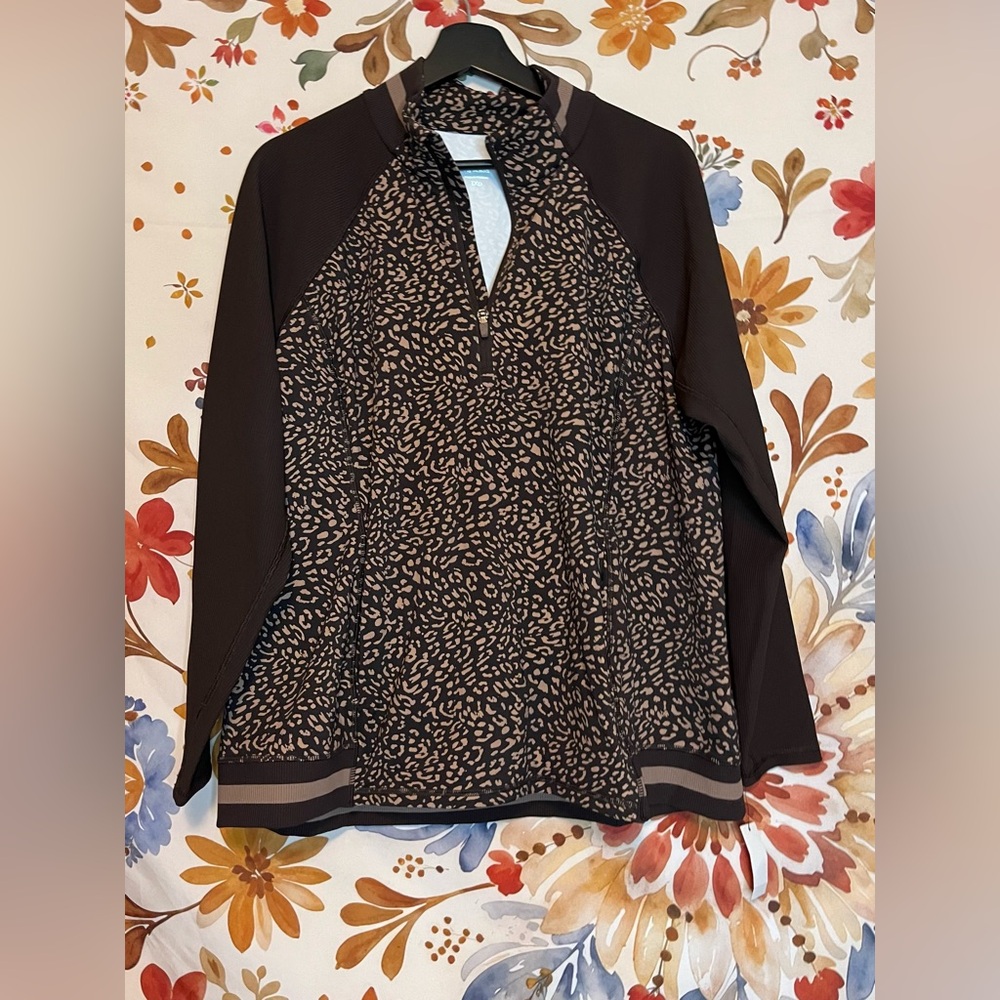 NWT T by Talbots Women’s 1XP Brown Tan Leopard 1/2 Zip Lightweight Active Jacket
